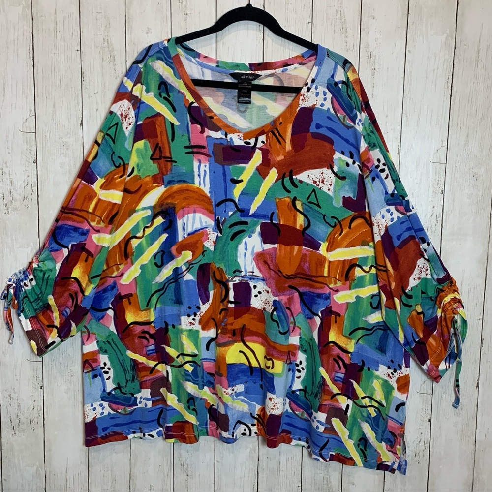 NWT Ali Miles Tee Top Women 3X Stretch Multicolor Abstract Print Knit V-Neck